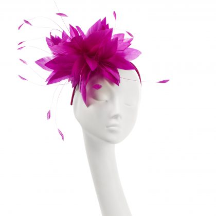 Nerida Fraiman - Diamond-cut feather fascinator in fuchsia on matching headband