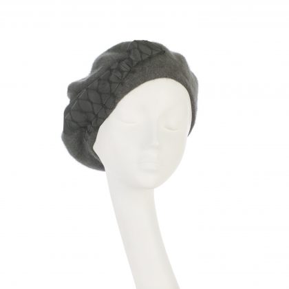 Nerida Fraiman - Voluminous lined Angora beret in slate grey with petersham bow and waffle bow trim