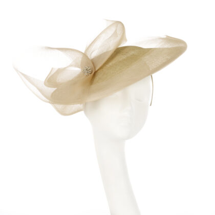 Nerida Fraiman - Siname straw crin swirl statement hat on headband in biscuit with diamonté globe button