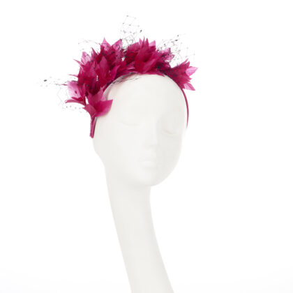 Nerida Fraiman - Fuchsia headband with hand cut feathers and crystal embellished black veiling