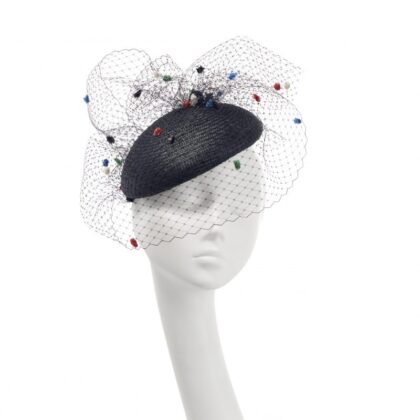 special-occasion-black-straw-beret-with-multicolour-dot-veiling-by-London-milliner-nerida-fraiman