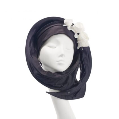 black-silk-contemporary-luxury-scarf-turban-hat-with-ivory-roses-rose-by-NeridaFraiman