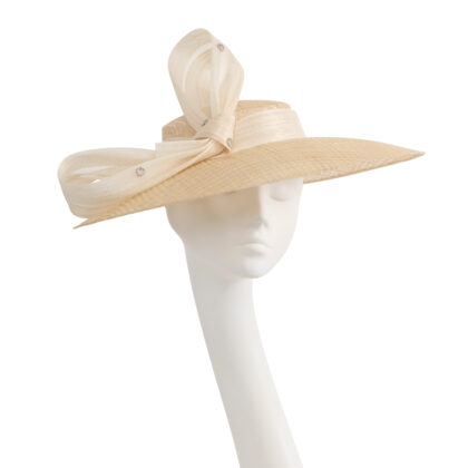 Nerida Fraiman - Givenchy style downbrim in lattice weave siname with silk abaca bow and tiny hearts